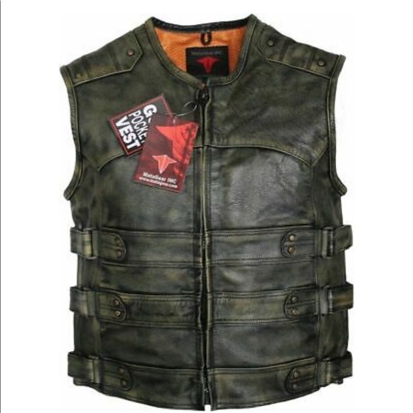 Men's Tactical Style Side Buckle Motorcycle Leather Vest Concealed Carry - Picture 2 of 5